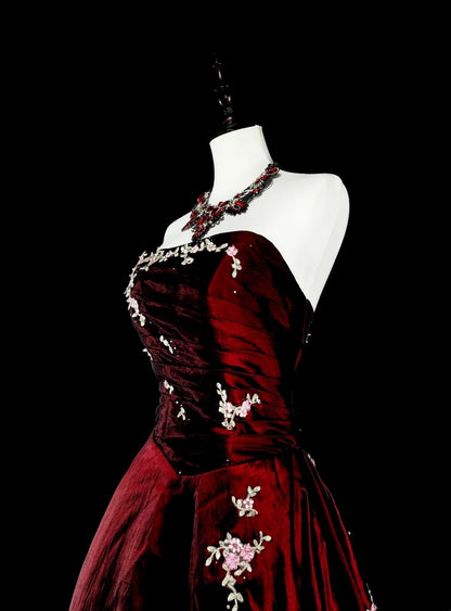 Vintage-Abendkleider im Stil der 1950er Jahre: Elegantes, trägerloses, burgunderrotes Ballkleid in Langform – Inspiration für die Abendgala (Modell N1996)
