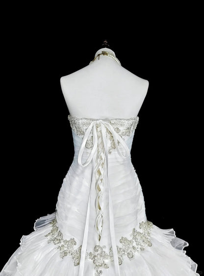 Robes de mariée uniques sirène sans bretelles blanches avec volants perles cristaux longue robe de mariée N3420