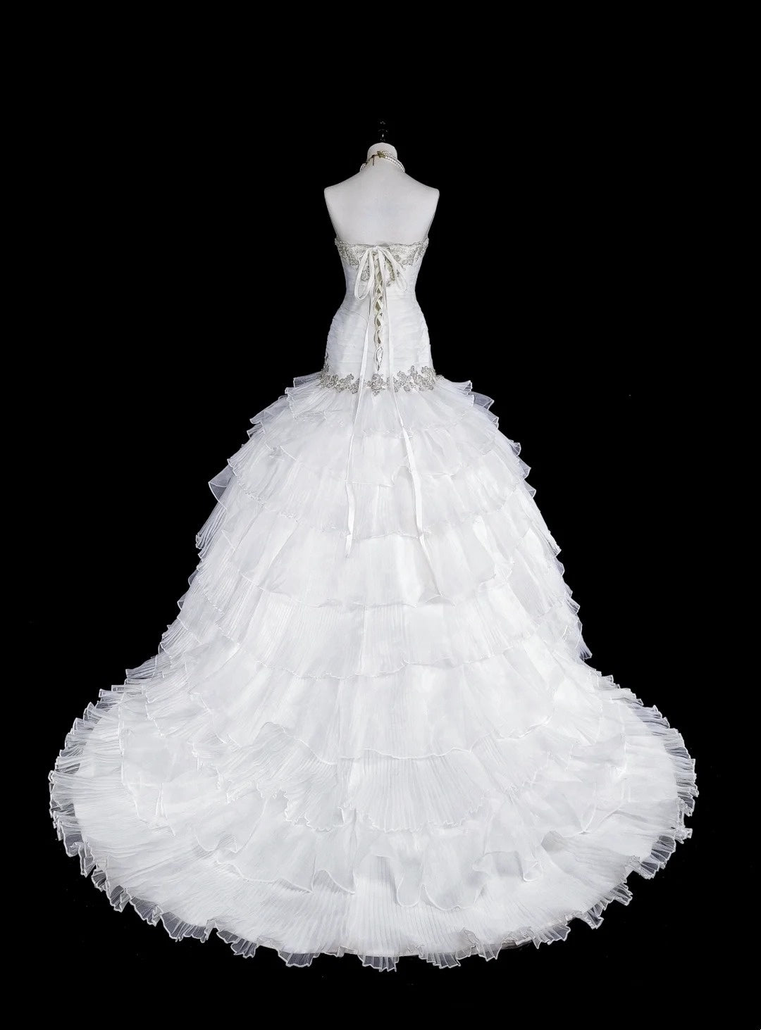 Robes de mariée uniques sirène sans bretelles blanches avec volants perles cristaux longue robe de mariée N3420