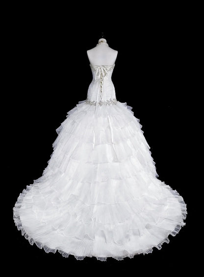Robes de mariée uniques sirène sans bretelles blanches avec volants perles cristaux longue robe de mariée N3420