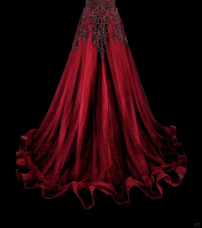 Robe de bal longue vintage années 70, coupe trapèze, en tulle bordeaux ornée de perles, référence N1844