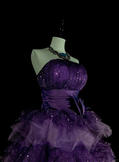 Vintage Ballkleid, trägerlos, lila Tüll, gestuft, Sweet 16 Kleider, Quinceañera Kleid, lang, Vestidos De Fiesta N1496
