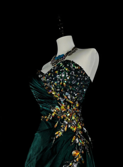 Vintage Meerjungfrauen-Abendkleid mit Herzausschnitt, dunkelgrüner Satin, ärmellos, 90er-Jahre-Stil, Inspiration, langes formelles Partykleid N1498