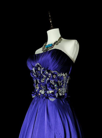 Vintage A-Linien-Kleid, trägerlos, königsblau, Satin, ärmellos, 90er-Jahre-Stil, Inspiration für langes, formelles Abendkleid N1499