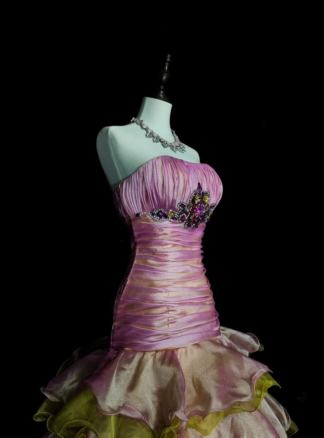 Vintage 1760s Strapless Pink Organza Sleeveless Pleated Mermaid Long Prom Dresses N1578