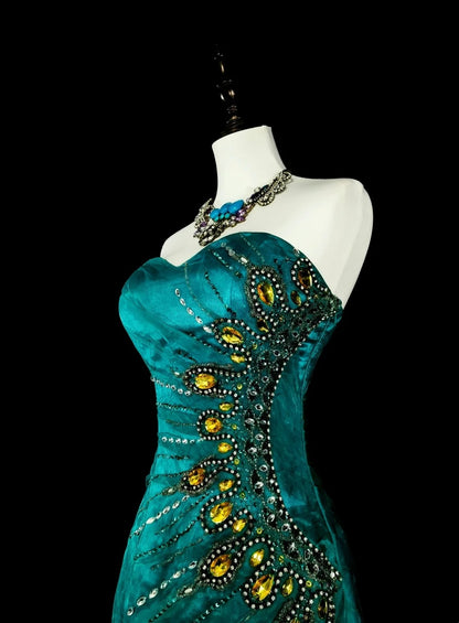 Vintage Ballkleider Ästhetik 1970er Retro Meerjungfrau Grünes Satin Langes Abendkleid N2150