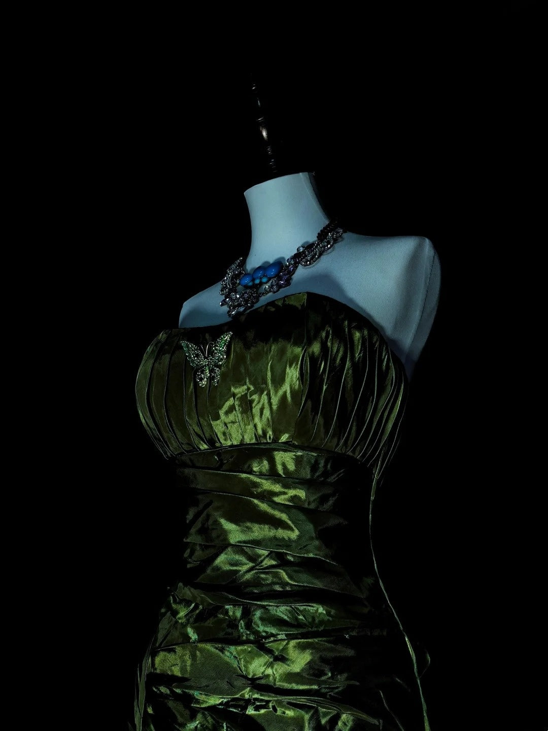 Robe de bal sirène vintage sans bretelles en satin vert olive, sans manches, années 80, longue robe de soirée formelle N1497