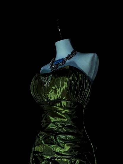 Robe de bal sirène vintage sans bretelles en satin vert olive, sans manches, années 80, longue robe de soirée formelle N1497
