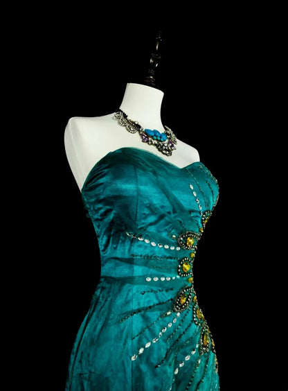 Vintage Ballkleider Ästhetik 1970er Retro Meerjungfrau Grünes Satin Langes Abendkleid N2150