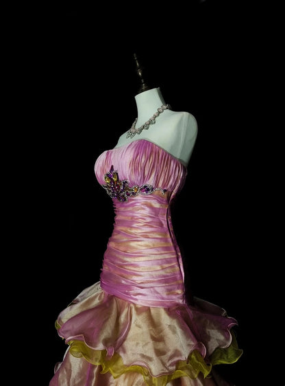 Vintage 1760s Strapless Pink Organza Sleeveless Pleated Mermaid Long Prom Dresses N1578