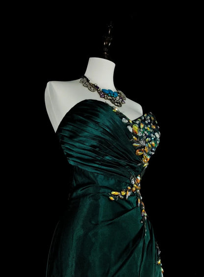 Vintage Meerjungfrauen-Abendkleid mit Herzausschnitt, dunkelgrüner Satin, ärmellos, 90er-Jahre-Stil, Inspiration, langes formelles Partykleid N1498