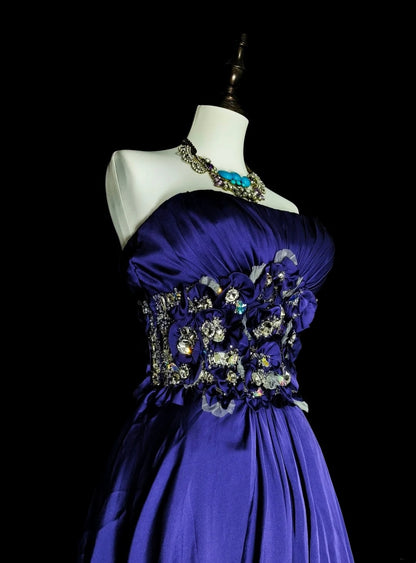 Vintage A-Linien-Kleid, trägerlos, königsblau, Satin, ärmellos, 90er-Jahre-Stil, Inspiration für langes, formelles Abendkleid N1499