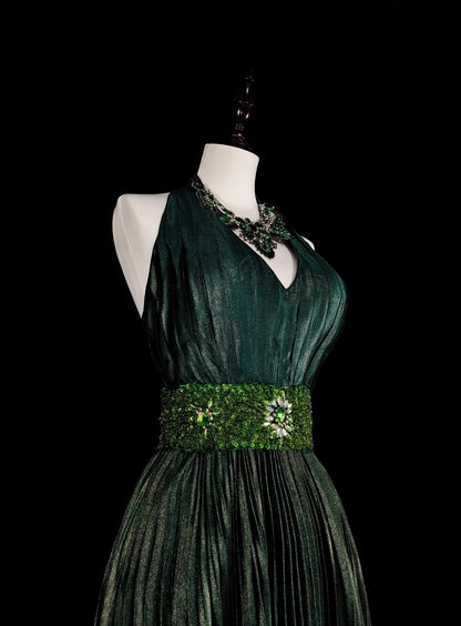 Vintage A-Linien-Halterkleid, grün, plissiert mit Perlen, ärmellos, 80er-Jahre-Stil, langes formelles Abendkleid N1465