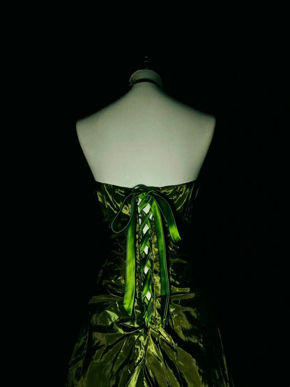 Robe de bal sirène vintage sans bretelles en satin vert olive, sans manches, années 80, longue robe de soirée formelle N1497