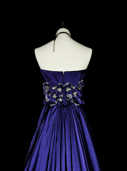Vintage A-Linien-Kleid, trägerlos, königsblau, Satin, ärmellos, 90er-Jahre-Stil, Inspiration für langes, formelles Abendkleid N1499