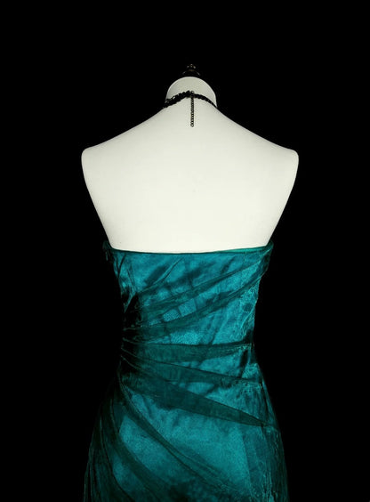 Vintage Ballkleider Ästhetik 1970er Retro Meerjungfrau Grünes Satin Langes Abendkleid N2150