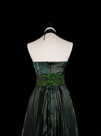 Vintage A-Linien-Halterkleid, grün, plissiert mit Perlen, ärmellos, 80er-Jahre-Stil, langes formelles Abendkleid N1465