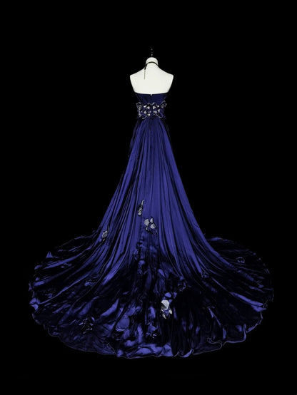 Vintage A-Linien-Kleid, trägerlos, königsblau, Satin, ärmellos, 90er-Jahre-Stil, Inspiration für langes, formelles Abendkleid N1499