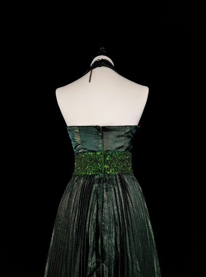 Vintage 1760s A Line Halter Dark Green Sleeveless Pleated Long Prom Dresses N1579