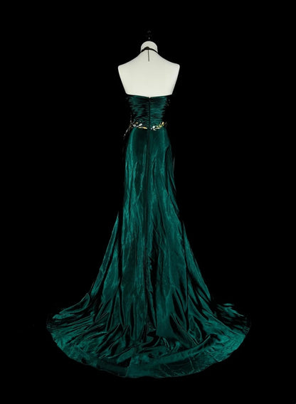 Vintage Meerjungfrauen-Abendkleid mit Herzausschnitt, dunkelgrüner Satin, ärmellos, 90er-Jahre-Stil, Inspiration, langes formelles Partykleid N1498