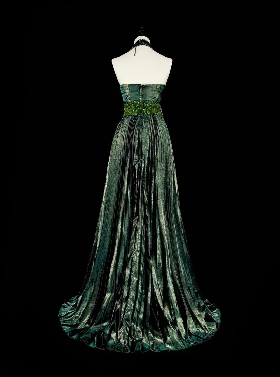 Vintage A-Linien-Halterkleid, grün, plissiert mit Perlen, ärmellos, 80er-Jahre-Stil, langes formelles Abendkleid N1465