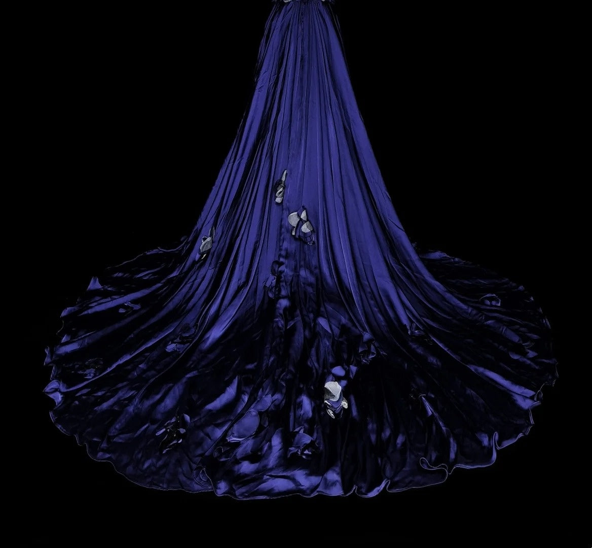 Vintage A-Linien-Kleid, trägerlos, königsblau, Satin, ärmellos, 90er-Jahre-Stil, Inspiration für langes, formelles Abendkleid N1499