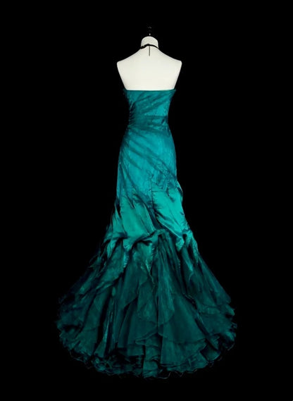 Vintage Ballkleider Ästhetik 1970er Retro Meerjungfrau Grünes Satin Langes Abendkleid N2150