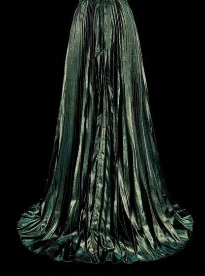 Vintage A-Linien-Halterkleid, grün, plissiert mit Perlen, ärmellos, 80er-Jahre-Stil, langes formelles Abendkleid N1465