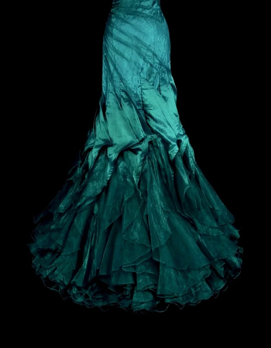 Vintage Ballkleider Ästhetik 1970er Retro Meerjungfrau Grünes Satin Langes Abendkleid N2150
