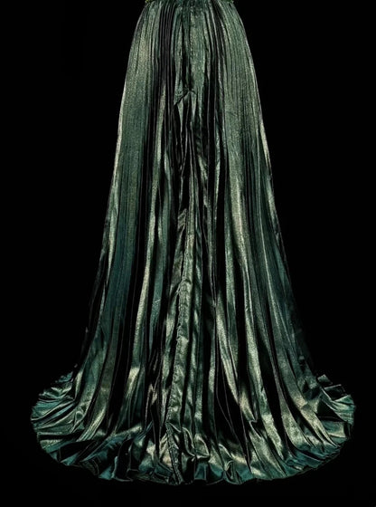 Vintage 1760s A Line Halter Dark Green Sleeveless Pleated Long Prom Dresses N1579