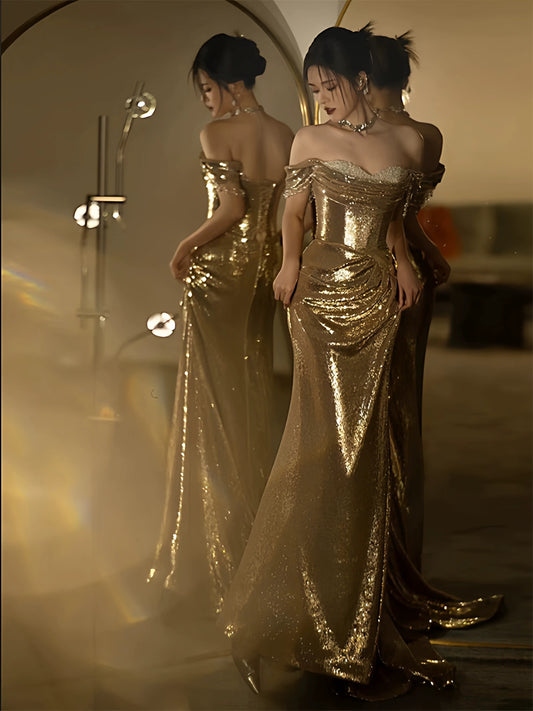 Robe de bal sirène à épaules dénudées et sequins dorés à manches courtes - Inspiration pour une longue soirée ou un anniversaire AB2211