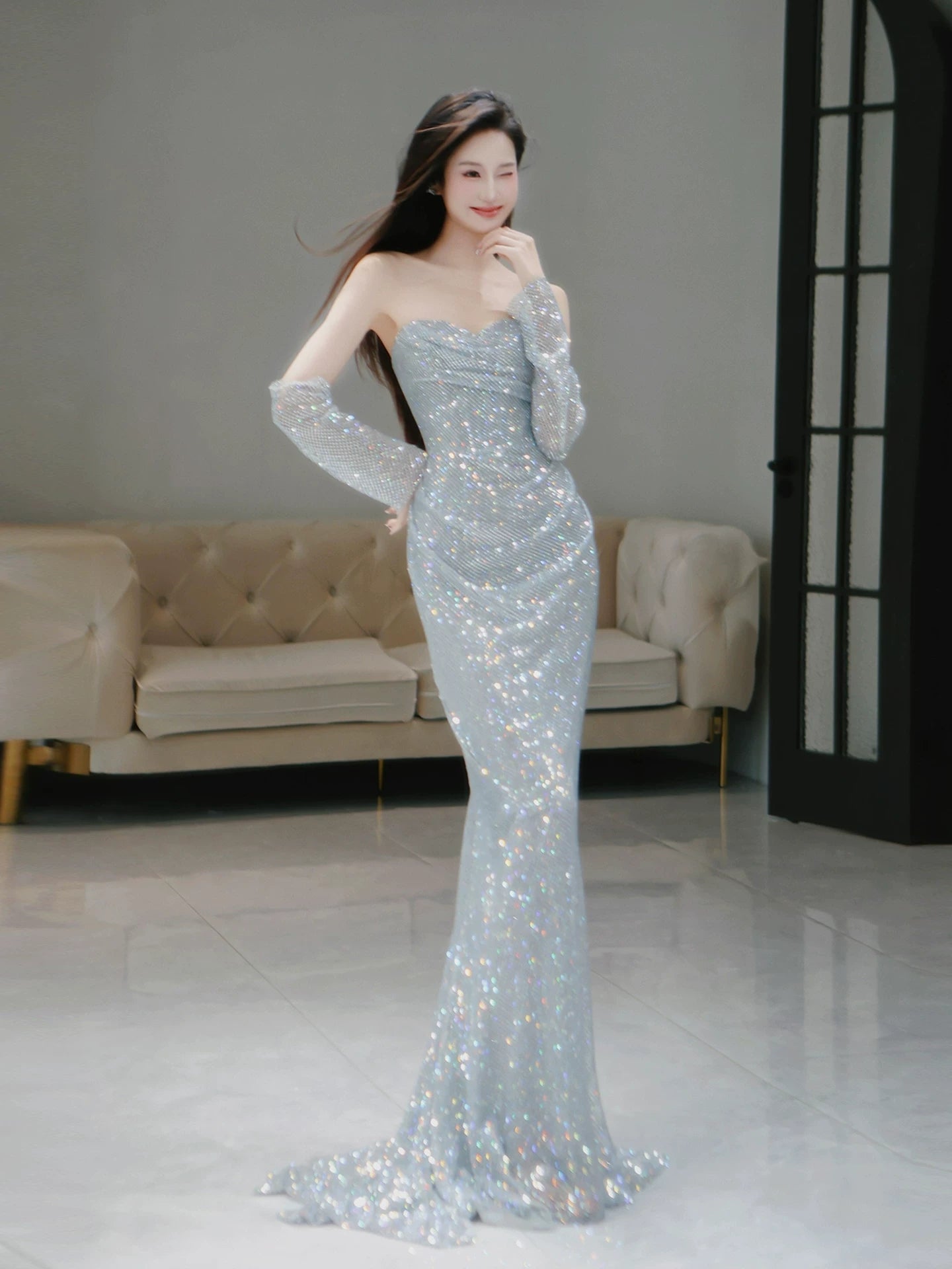 Glitter Mermaid Sweetheart Silver Gray Sequins With Gloves Prom Dresses Inspiration Long Night Outfits 18th Birthday Outfits AB2223