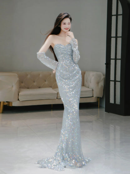 Glitter Mermaid Sweetheart Silver Gray Sequins With Gloves Prom Dresses Inspiration Long Night Outfits 18th Birthday Outfits AB2223