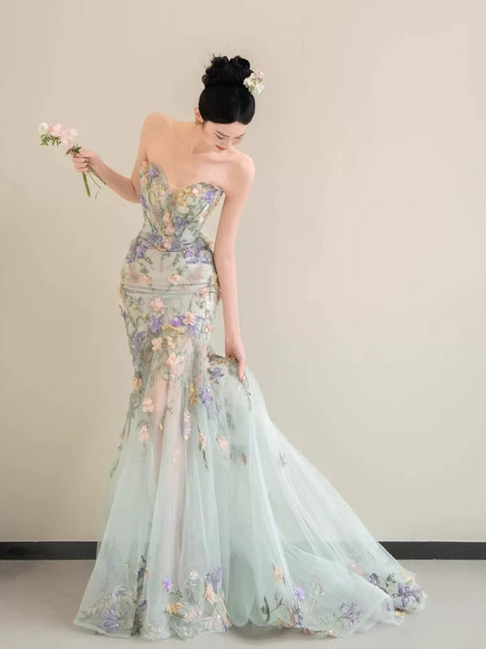 Robe de bal longue sirène princesse à décolleté cœur en dentelle florale, style tendance pour adolescentes, robe de soirée, robe de bal AB2221
