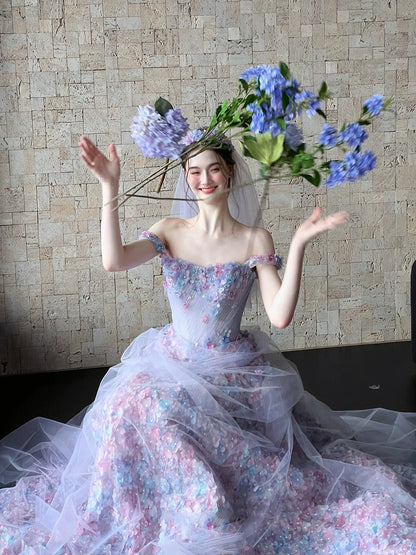 Prinzessinnen-Ballkleid mit eckigem Ausschnitt, lila Spitze und Blumenmuster, langes Abendkleid, modisch-ästhetisch für Teenager, formelle Kleider, Party-Outfits, Ballkleid AB2222