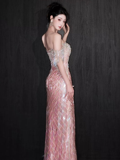 Robe de bal sirène rose à paillettes, épaules dénudées et manches courtes - Inspiration pour une longue soirée ou un anniversaire AB2212