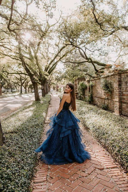 Robe de bal sobre, bustier cœur, tulle bleu marine, longue, robe de soirée formelle AB475