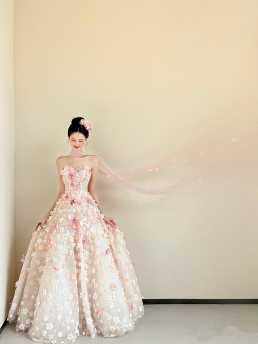 Cute Ball Gown Sweetheart Pink Flowers Long Tulle Quinceanera Dress Sweet 15 16 Dresses RA085