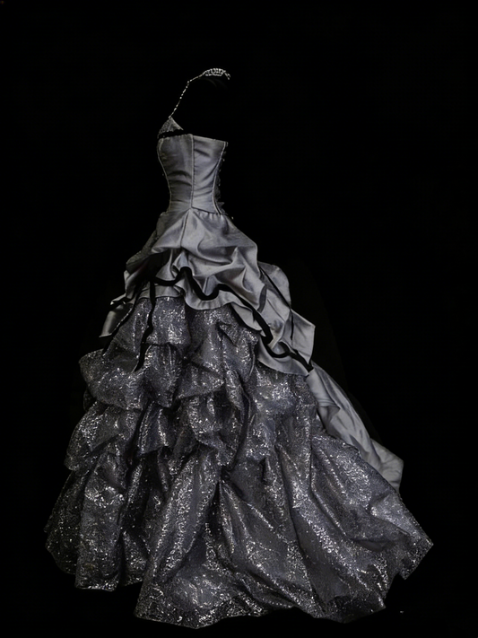 Sweet Ball Gown Strapless Gray Satin With Tiered Layers Ruffles Long Party Gowns Prom Dresses N2235