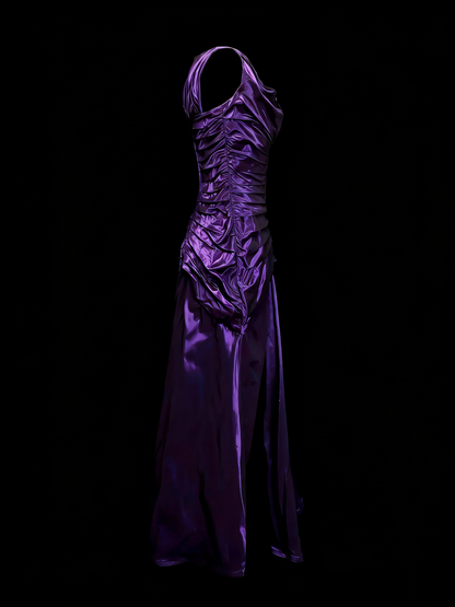 Vintage Meerjungfrauen-Abendkleid mit eckigem Ausschnitt, lila, ärmellos, 90er-Jahre-Stil mit Rüschen, langes formelles Abendkleid N1387