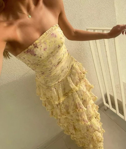 Robe de bal sirène sexy sans bretelles, motif floral, jaune, longue, tenue de soirée, pour 21e anniversaire, robe de remise de diplôme, RB969