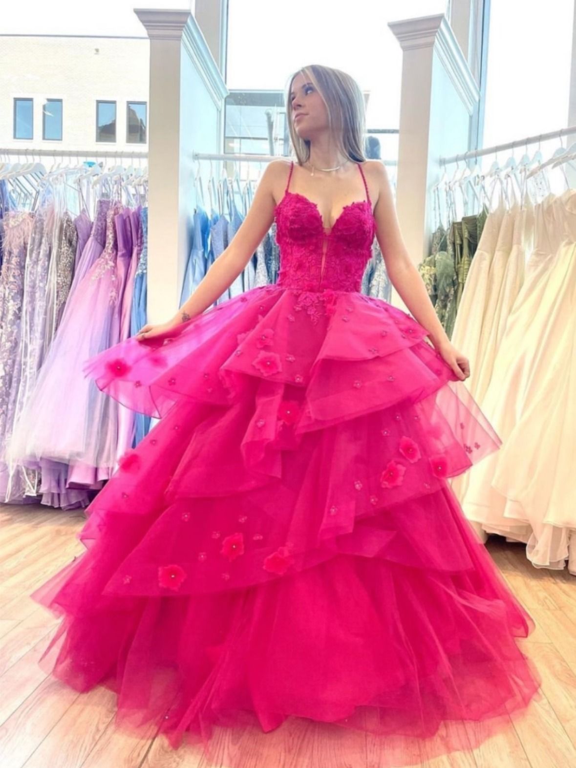Robe de bal pour femme, bretelles spaghetti, tulle rose fuchsia, longue, robe de soirée formelle AB1734