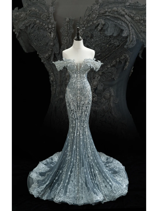 Robe de bal sirène vintage épaules dénudées en dentelle argentée et sequins, tulle, pour adolescentes, robe de soirée, tenue de bal AB1002