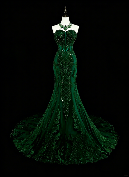 Vintage 1960s Mermaid Sweetheart Dark Green With Crystals Gems Sleeveless Long Prom Formal Dresses N1593