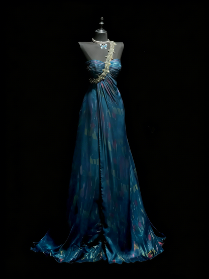 Robe de bal longue bleue à une épaule, coupe trapèze, pour adolescentes (N1183)