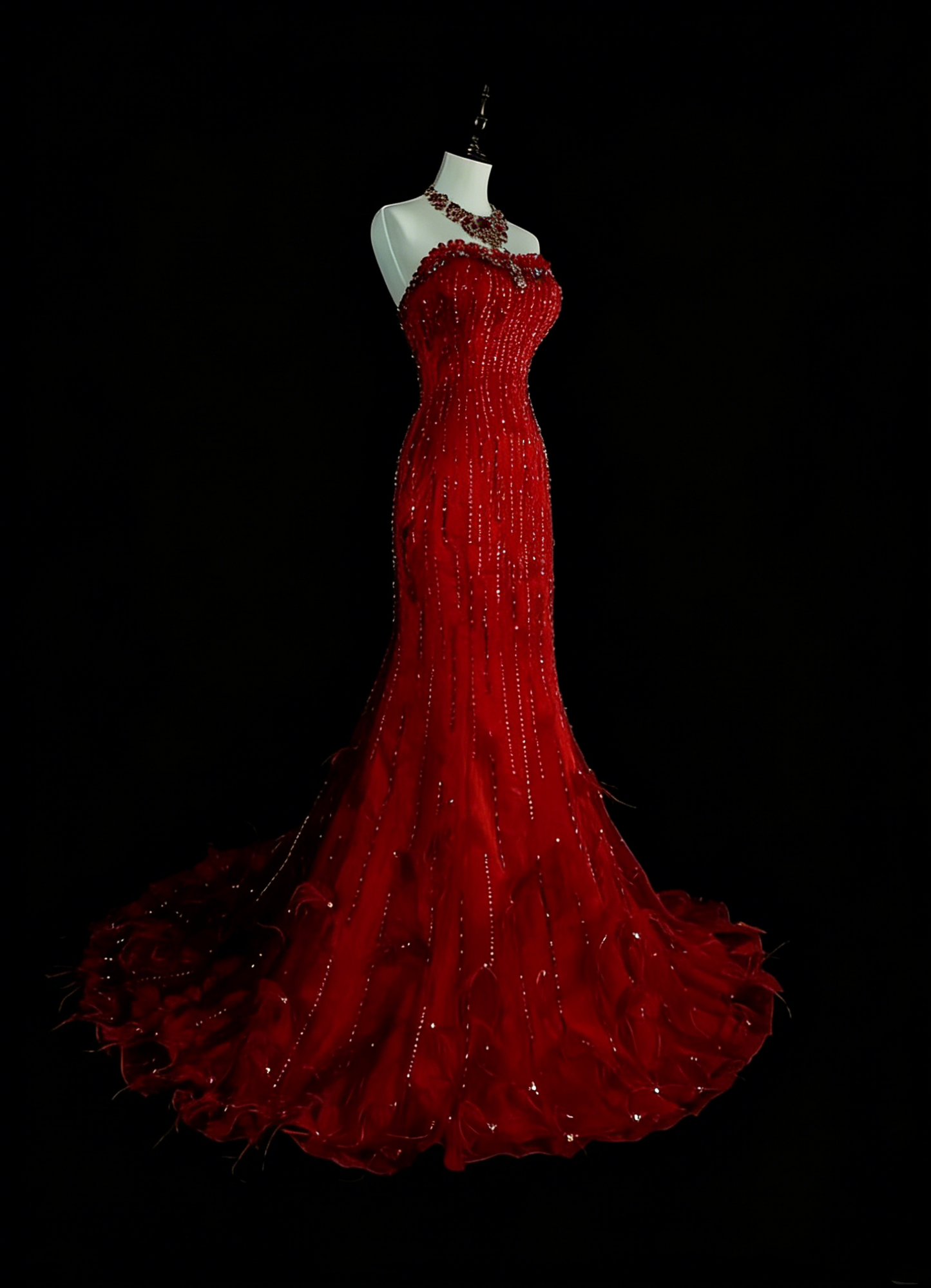 Vintage Meerjungfrauen-Kleid, trägerlos, rot, 2000er Jahre, mit silbernen Perlen, langes formelles Abendkleid N1356