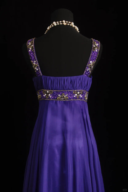 Vintage A-Linie, eckiger Ausschnitt, Lila mit Perlenstickerei, Chiffon, bodenlang, Abschlussballkleider Inspo Abendoutfits RB4342