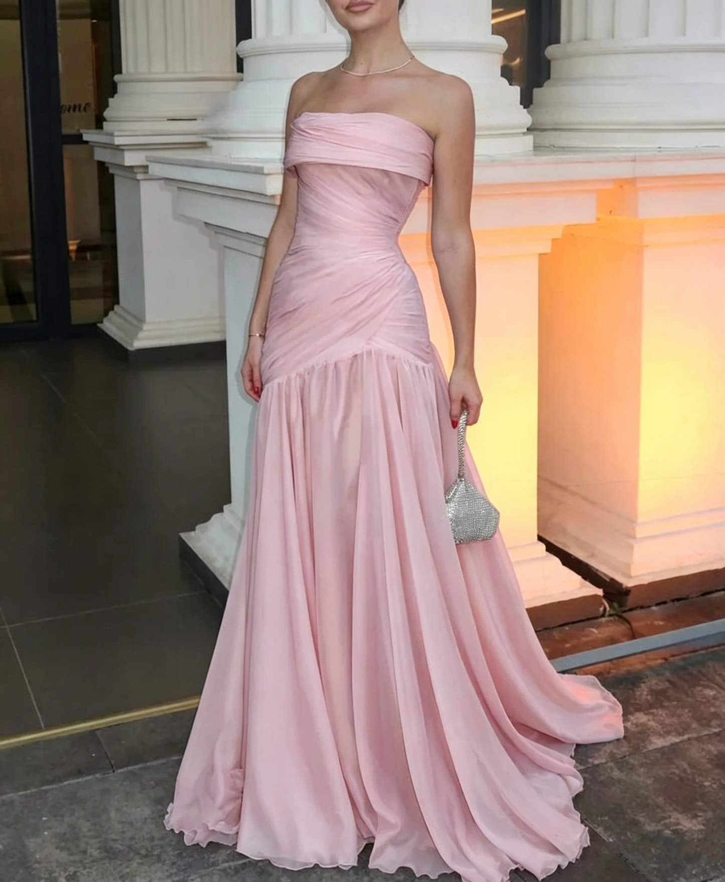 Magnifique robe de bal longue bleue chic, sans bretelles ni manches, coupe trapèze, avec plis, AB393