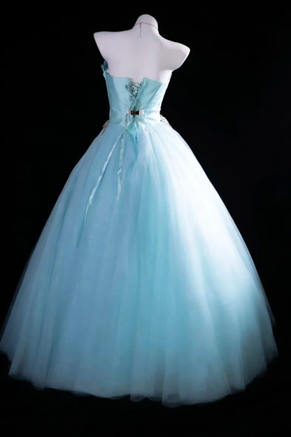 Bescheidene Ballkleider für den Abschlussball, trägerlos, helles Himmelblau, Tüll mit Perlenstickerei, langes Quinceañera-Kleid N2971