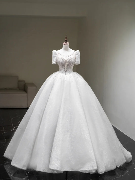 Princess Wedding Dresses Ball Gown Scoop Neckline White Glitter Tulle With Beaded Bodice Short Sleeves Brides Dress Fitted Bridal Gowns N646